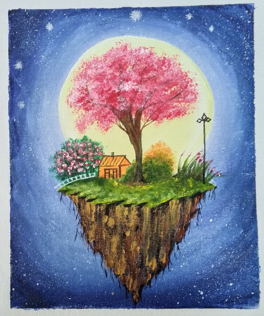 Original painting — floating island with blossom tree under full moon